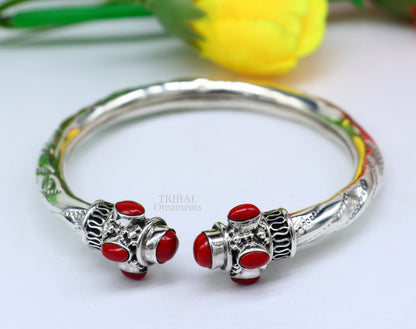 925 sterling silver bangle bracelet with red stone, antique tribal design, handmade jewelry, vibrant and detailed wrist accessory
