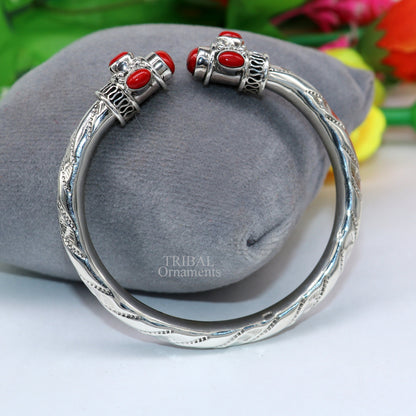 Sterling silver tribal bangle bracelet with red stone, antique design, handmade tribal jewelry, stylish wrist accessory