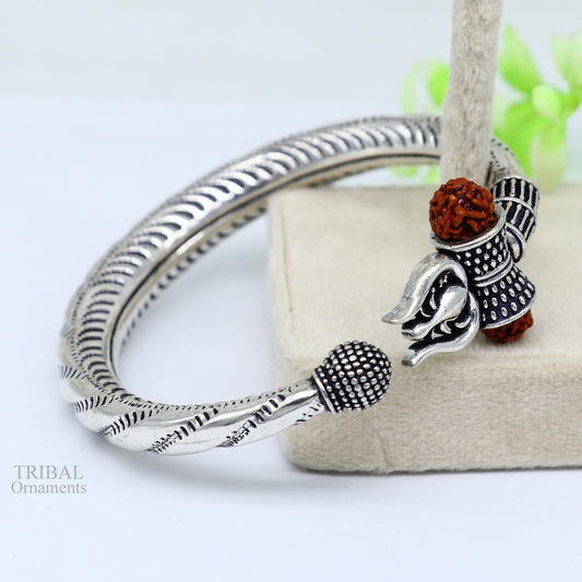 Divine 925 Sterling silver handmade chitai work Lord Shiva trident trishul bangle bracelet natural Rudraksha beads customized kada nsk442 - TRIBAL ORNAMENTS