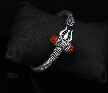Divine 925 Sterling silver handmade chitai work Lord Shiva trident trishul bangle bracelet natural Rudraksha beads customized kada nsk442 - TRIBAL ORNAMENTS