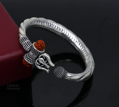 Divine 925 Sterling silver handmade chitai work Lord Shiva trident trishul bangle bracelet natural Rudraksha beads customized kada nsk442 - TRIBAL ORNAMENTS