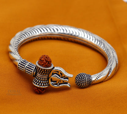 Divine 925 Sterling silver handmade chitai work Lord Shiva trident trishul bangle bracelet natural Rudraksha beads customized kada nsk442 - TRIBAL ORNAMENTS