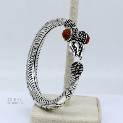 Divine 925 Sterling silver handmade chitai work Lord Shiva trident trishul bangle bracelet natural Rudraksha beads customized kada nsk442 - TRIBAL ORNAMENTS