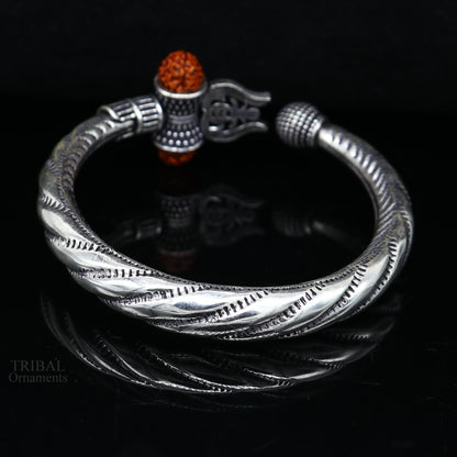 Divine 925 Sterling silver handmade chitai work Lord Shiva trident trishul bangle bracelet natural Rudraksha beads customized kada nsk442 - TRIBAL ORNAMENTS