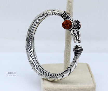 Divine 925 Sterling silver handmade chitai work Lord Shiva trident trishul bangle bracelet natural Rudraksha beads customized kada nsk442 - TRIBAL ORNAMENTS