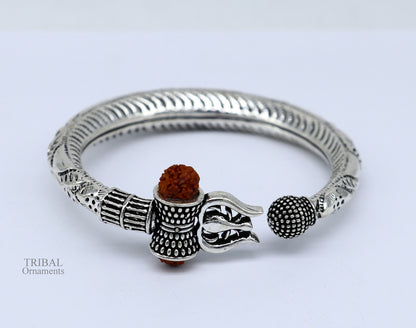 Divine 925 Sterling silver handmade chitai work Lord Shiva trident trishul bangle bracelet natural Rudraksha beads customized kada nsk442 - TRIBAL ORNAMENTS