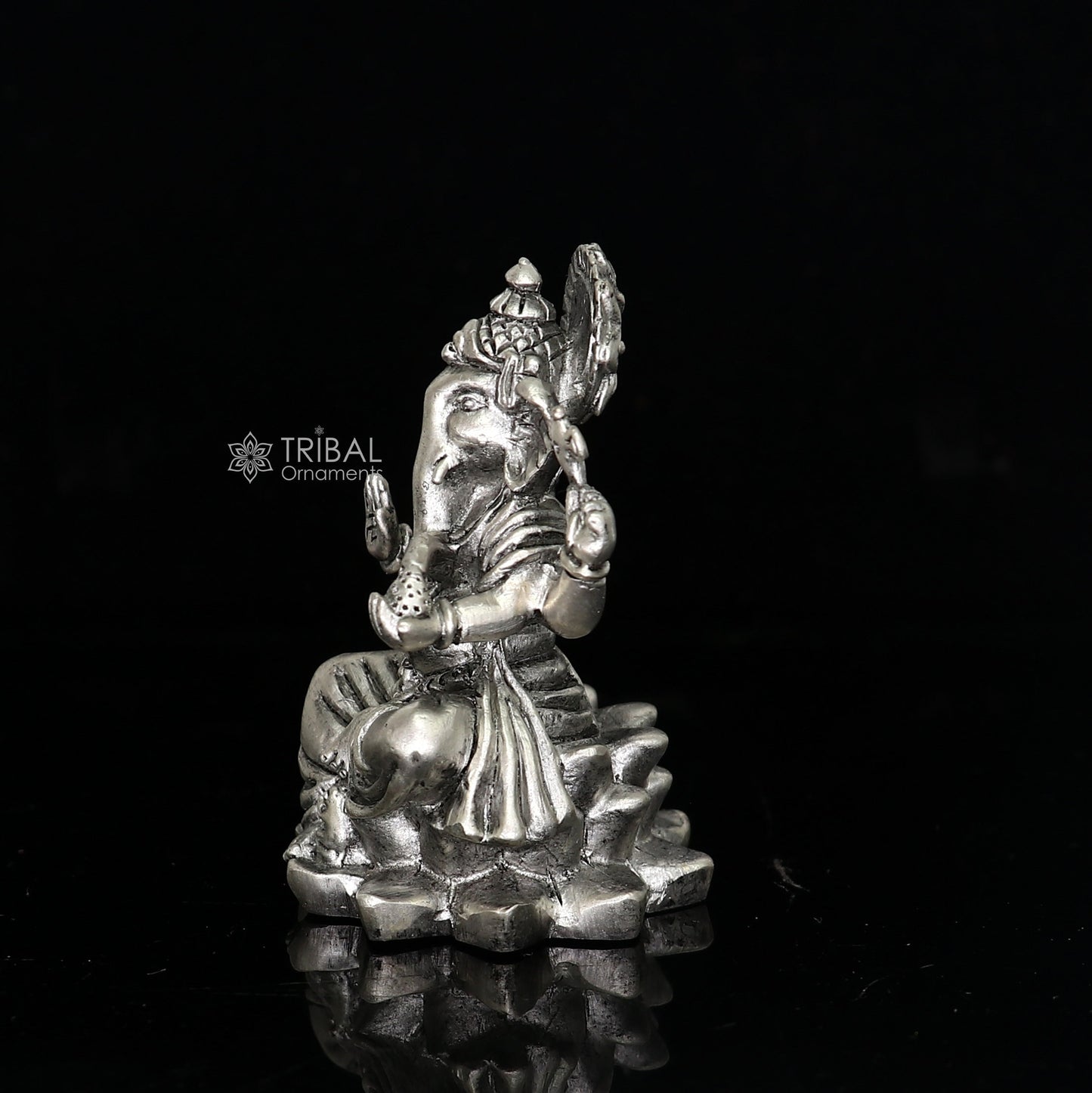 Divine 925 Sterling silver Lord Ganesh Idol, Pooja Articles, Silver Idols Figurine Ganesha statue sculpture Diwali puja gift art671 - TRIBAL ORNAMENTS