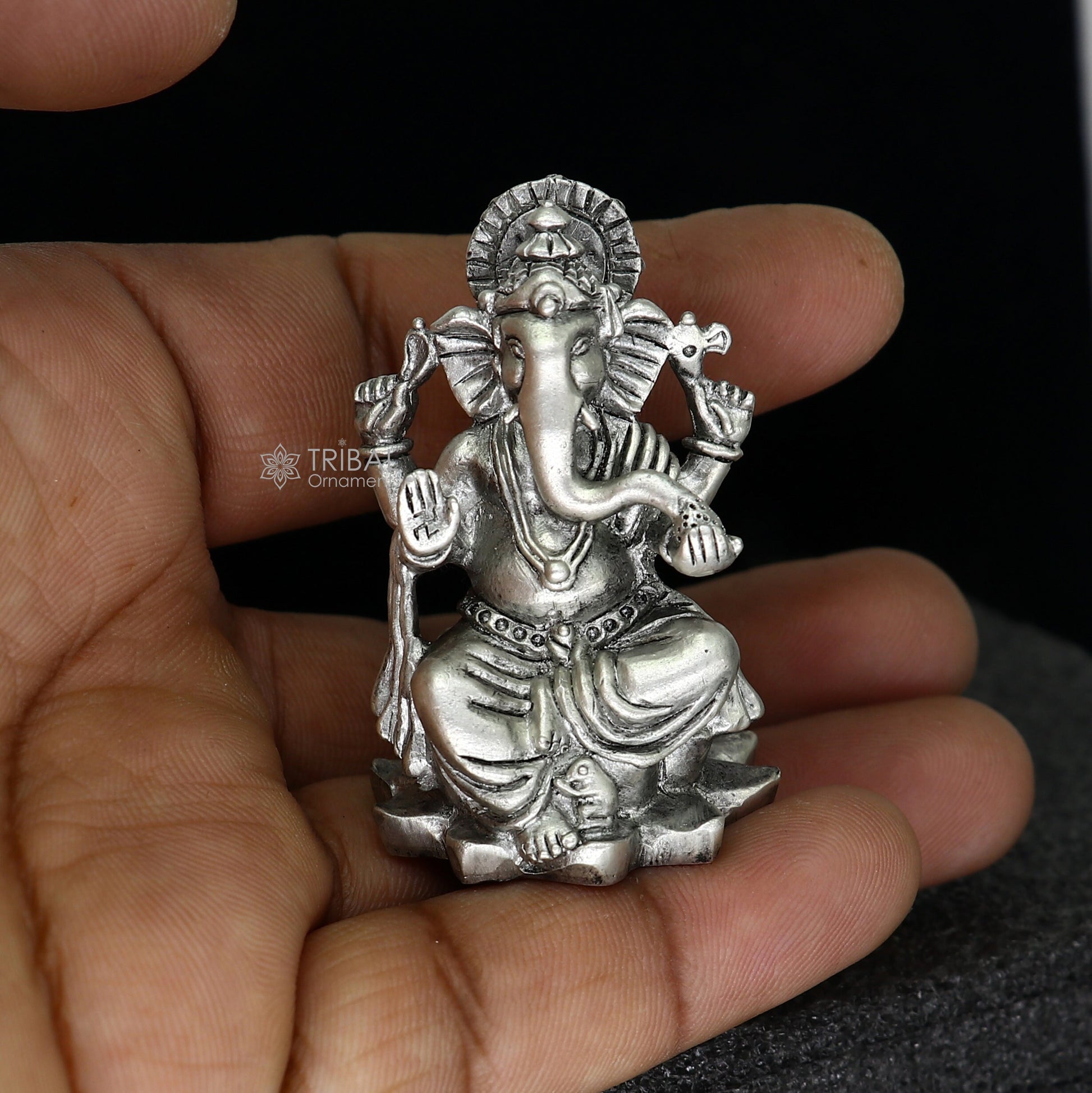 Divine 925 Sterling silver Lord Ganesh Idol, Pooja Articles, Silver Idols Figurine Ganesha statue sculpture Diwali puja gift art671 - TRIBAL ORNAMENTS