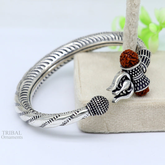 Divine Bahubali kada 925 Sterling silver handmade Lord Shiva trident Trishul bangle bracelet natural Rudraksha beads customized kada nsk448 - TRIBAL ORNAMENTS
