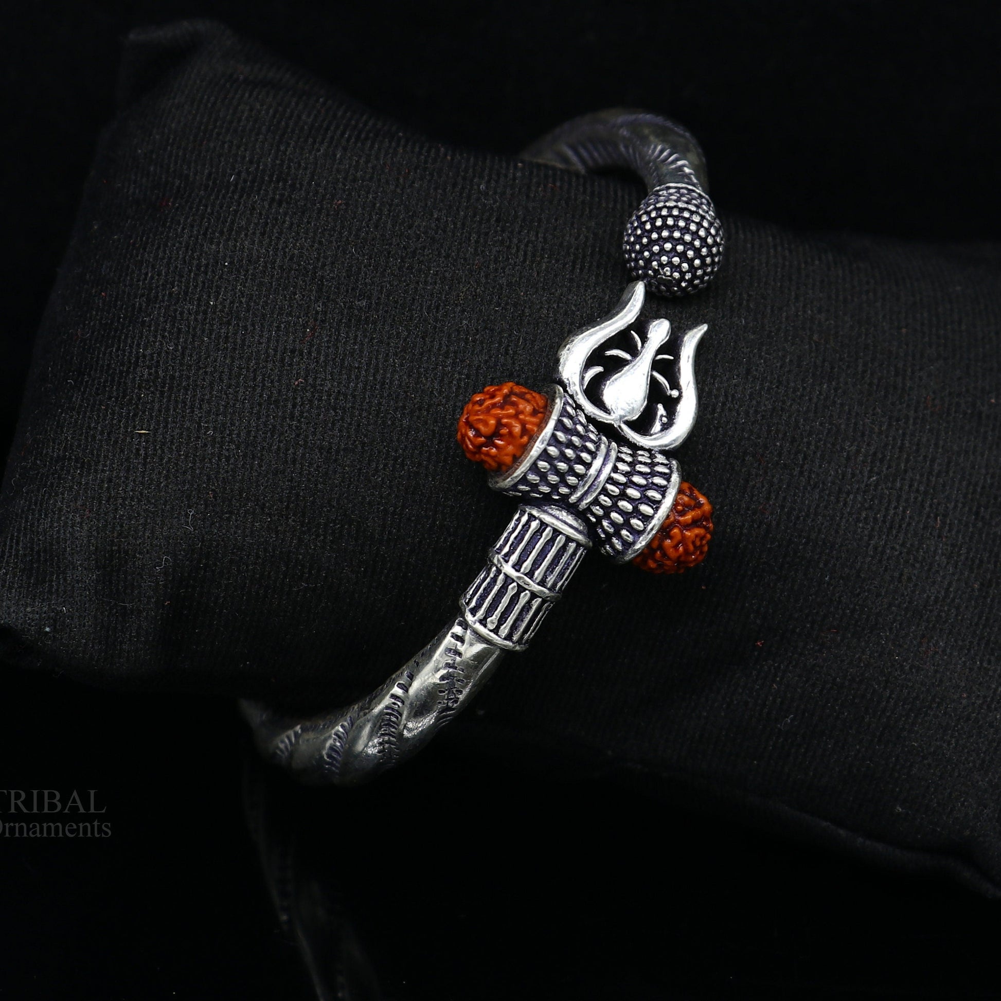 Divine Bahubali kada 925 Sterling silver handmade Lord Shiva trident Trishul bangle bracelet natural Rudraksha beads customized kada nsk448 - TRIBAL ORNAMENTS