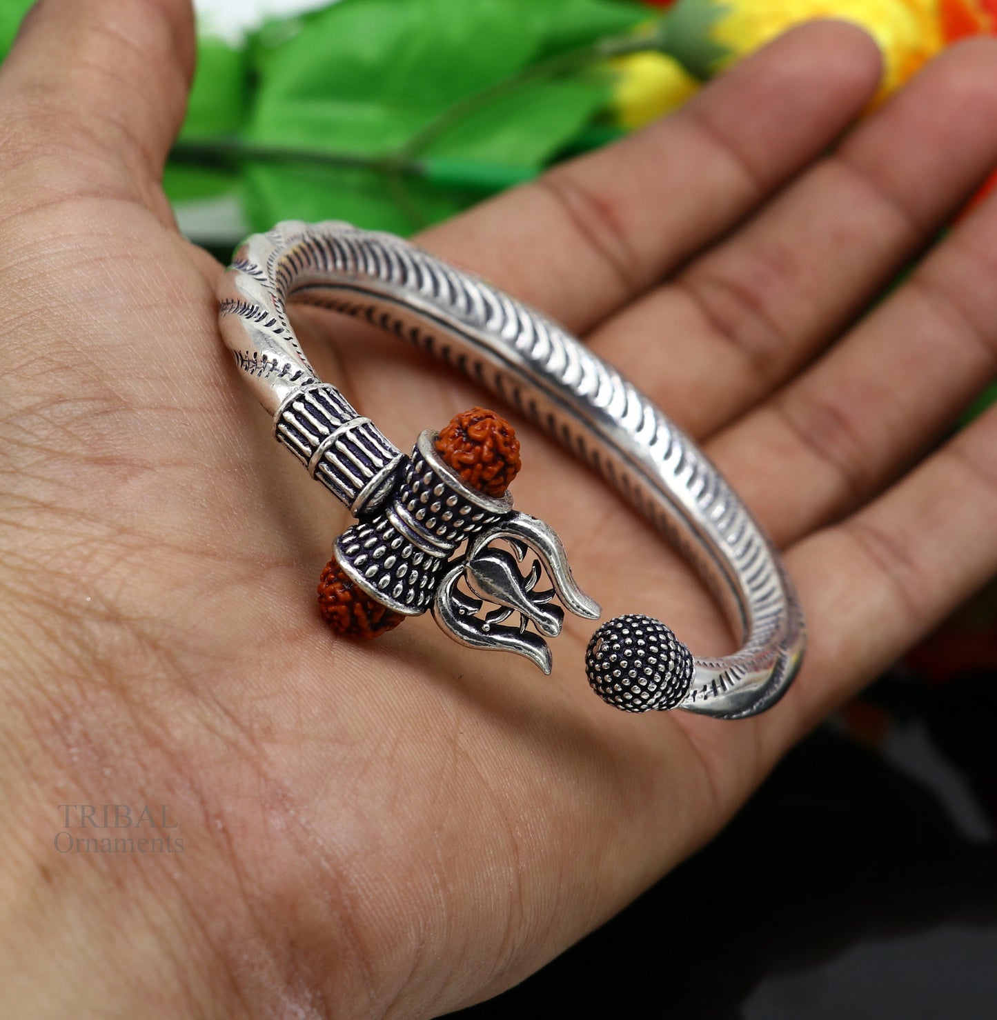 Divine Bahubali kada 925 Sterling silver handmade Lord Shiva trident Trishul bangle bracelet natural Rudraksha beads customized kada nsk448 - TRIBAL ORNAMENTS
