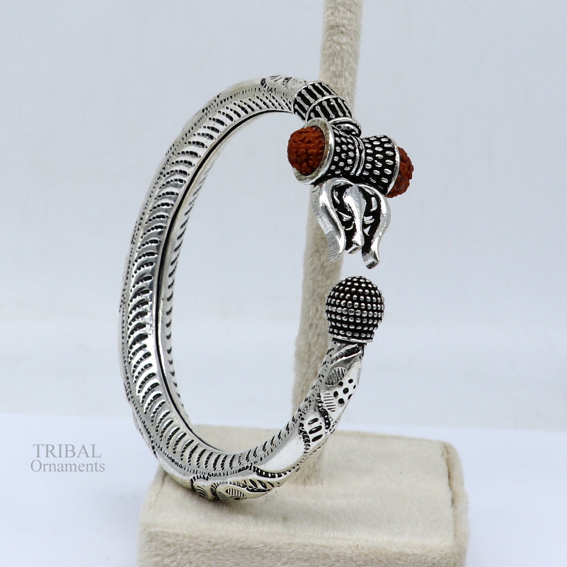 Divine Bahubali kada 925 Sterling silver handmade Lord Shiva trident Trishul bangle bracelet natural Rudraksha beads customized kada nsk448 - TRIBAL ORNAMENTS