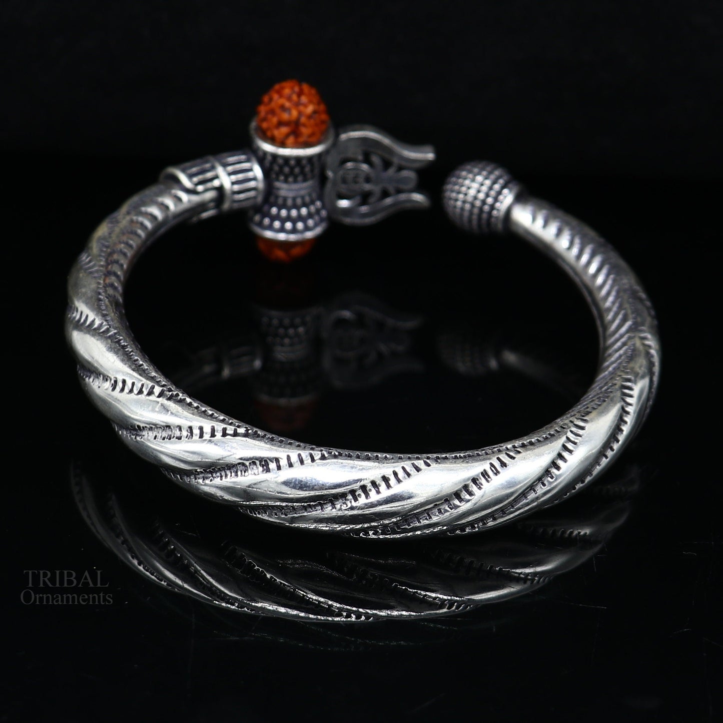 Divine Bahubali kada 925 Sterling silver handmade Lord Shiva trident Trishul bangle bracelet natural Rudraksha beads customized kada nsk448 - TRIBAL ORNAMENTS