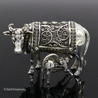 Vintage 925 sterling silver divine cow with calf, Nakshi work design, Kamdhenu deity, worshipping puja art by Tribal Ornaments