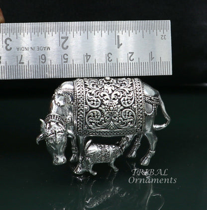 Divine cow with calf 925 sterling silver vintage Nakshi work design Kamdhenu cow, deity's cow, wishing cow, silver worshipping puja art556 - TRIBAL ORNAMENTS