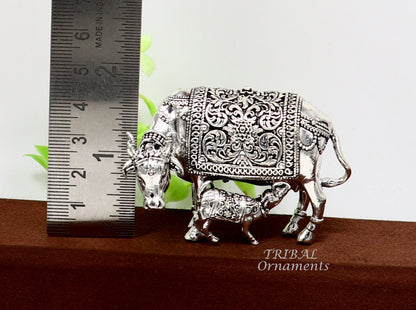 Divine cow with calf 925 sterling silver vintage Nakshi work design Kamdhenu cow, deity's cow, wishing cow, silver worshipping puja art556 - TRIBAL ORNAMENTS