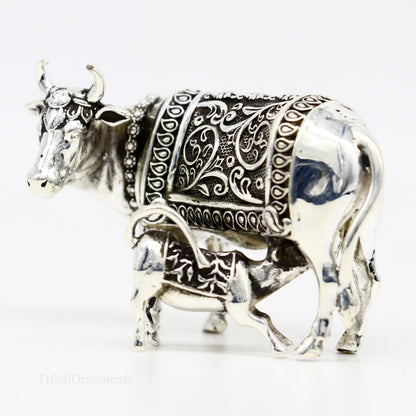 Divine cow with calf 925 sterling silver vintage Nakshi work design Kamdhenu cow, deity's cow, wishing cow, silver worshipping puja stb120 - TRIBAL ORNAMENTS