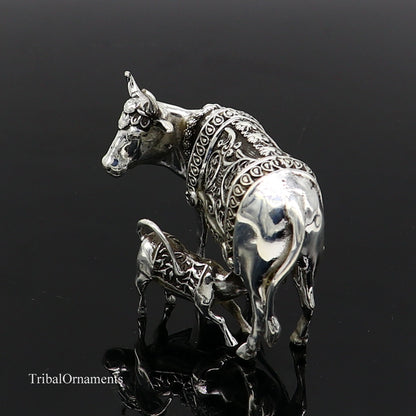 Divine cow with calf 925 sterling silver vintage Nakshi work design Kamdhenu cow, deity's cow, wishing cow, silver worshipping puja stb120 - TRIBAL ORNAMENTS