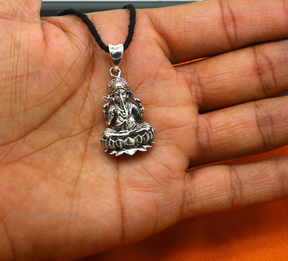 925 sterling silver Divine Lord Ganesha pendant sitting on lotus, handmade Indian jewelry by Tribal Ornaments
