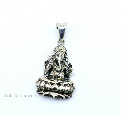 925 sterling silver Ganesha lotus pendant by Tribal Ornaments, featuring a detailed divine lord design on handcrafted jewelry.