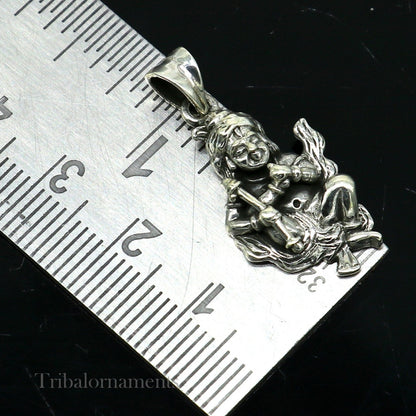 Unisex 925 sterling silver Lord Kartikya pendant featuring intricate tribal design, handmade Indian jewelry by Tribal Ornaments.
