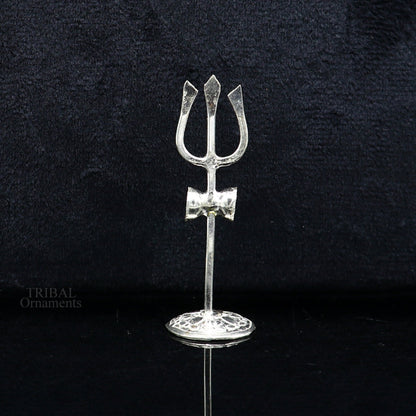 Sterling silver Lord Shiva Trishul trident, traditional puja utensil and god accessory from India, with intricate design and craftsmanship.