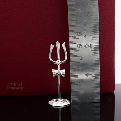Sterling silver Shiva Trident, 925 silver trishul puja utensil with intricate designs, religious accessories from India.