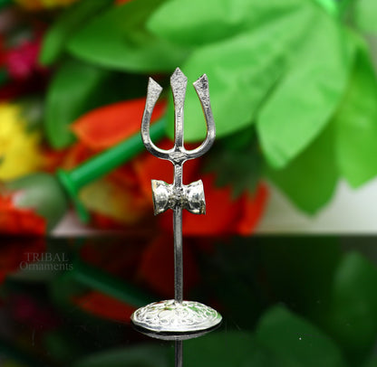 925 sterling silver Shiva Trishul trident, divine Lord Shiva puja utensil, Indian god accessory, intricate silver craftsmanship.