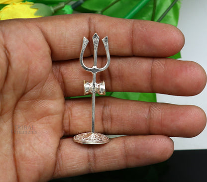 Sterling silver Lord Shiva Trident (Trishul) with intricate design, used as a puja accessory, from India.