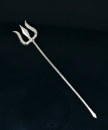 Solid sterling silver Shiva Trident, divine Lord Shiva trishul for puja, Hindu god accessories from India.