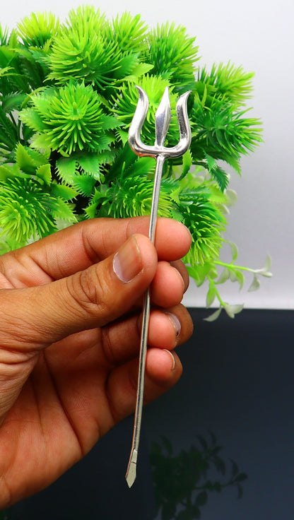 Solid sterling silver Lord Shiva Trident, traditional Trishul puja utensil with intricate design, ideal for religious offerings.