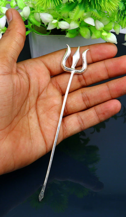 Solid sterling silver Lord Shiva Trident, traditional Trishul puja utensil with intricate design, suitable for religious rituals and accessories.