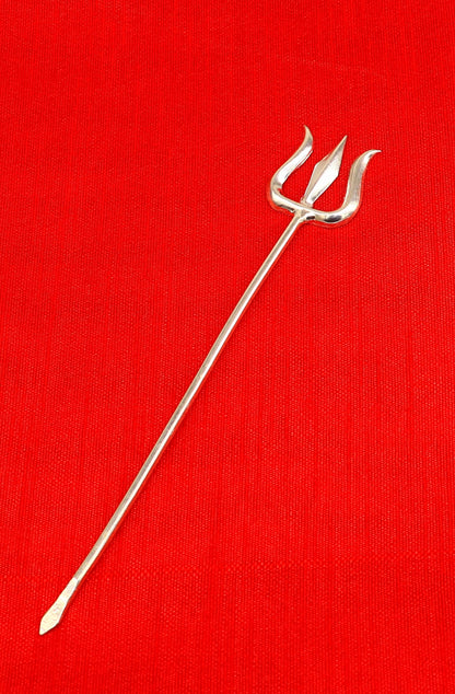 Solid sterling silver Shiva Trishul, divine Lord Shiva trident, traditional Hindu puja utensil, Indian goddess trident accessory.