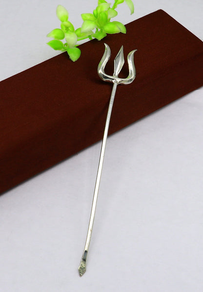 Solid sterling silver Shiva Trident, divine Lord Shiva trishul for puja, intricate goddess trishul, Indian religious accessories.