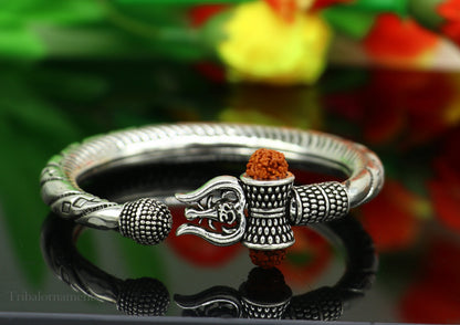 Divine Lord Shiva trident trishul trishool kada 925 Sterling silver handmade bangle bracelet with natural Rudraksha magical  kada nsk383 - TRIBAL ORNAMENTS