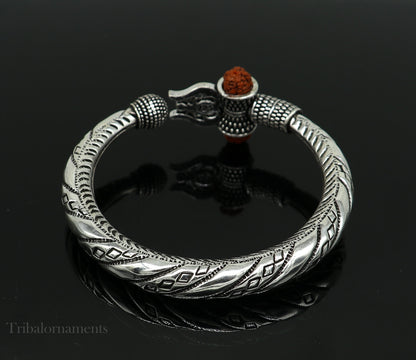 Divine Lord Shiva trident trishul trishool kada 925 Sterling silver handmade bangle bracelet with natural Rudraksha magical  kada nsk383 - TRIBAL ORNAMENTS