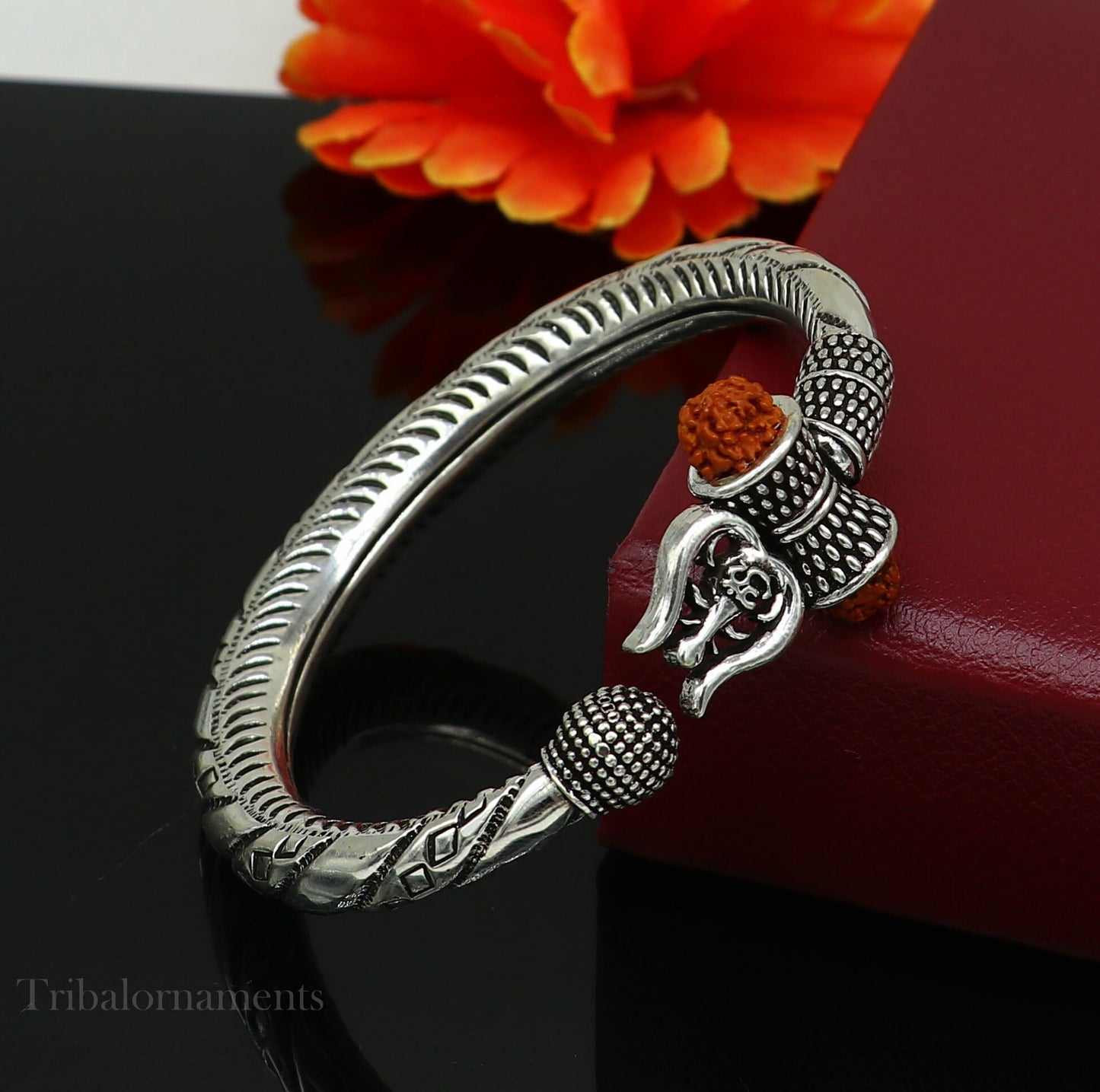 Divine Lord Shiva trident trishul trishool kada 925 Sterling silver handmade bangle bracelet with natural Rudraksha magical  kada nsk383 - TRIBAL ORNAMENTS