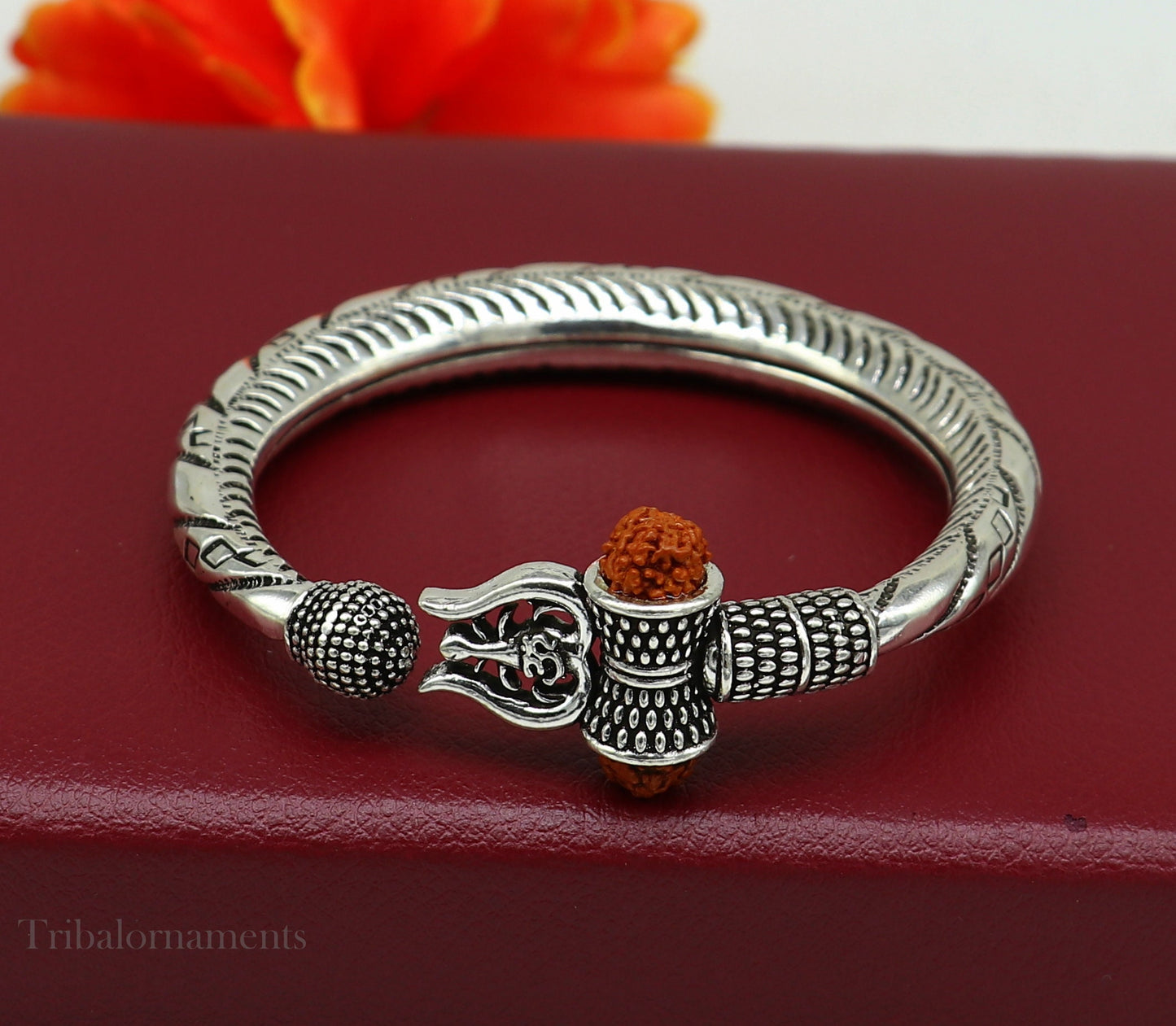 Divine Lord Shiva trident trishul trishool kada 925 Sterling silver handmade bangle bracelet with natural Rudraksha magical  kada nsk383 - TRIBAL ORNAMENTS