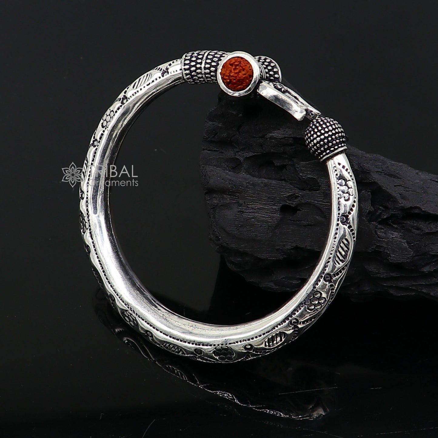 Divine Lord Shiva trident trishul trishool kada 925 Sterling silver handmade bangle bracelet with natural Rudraksha magical  kada nsk739 - TRIBAL ORNAMENTS