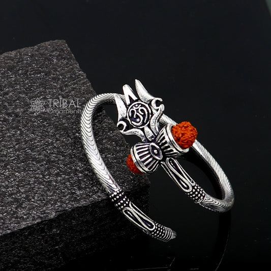 Divine Lord Shiva trident trishul trishool kada 925 Sterling silver handmade bangle bracelet with natural Rudraksha magical  kada nsk740 - TRIBAL ORNAMENTS