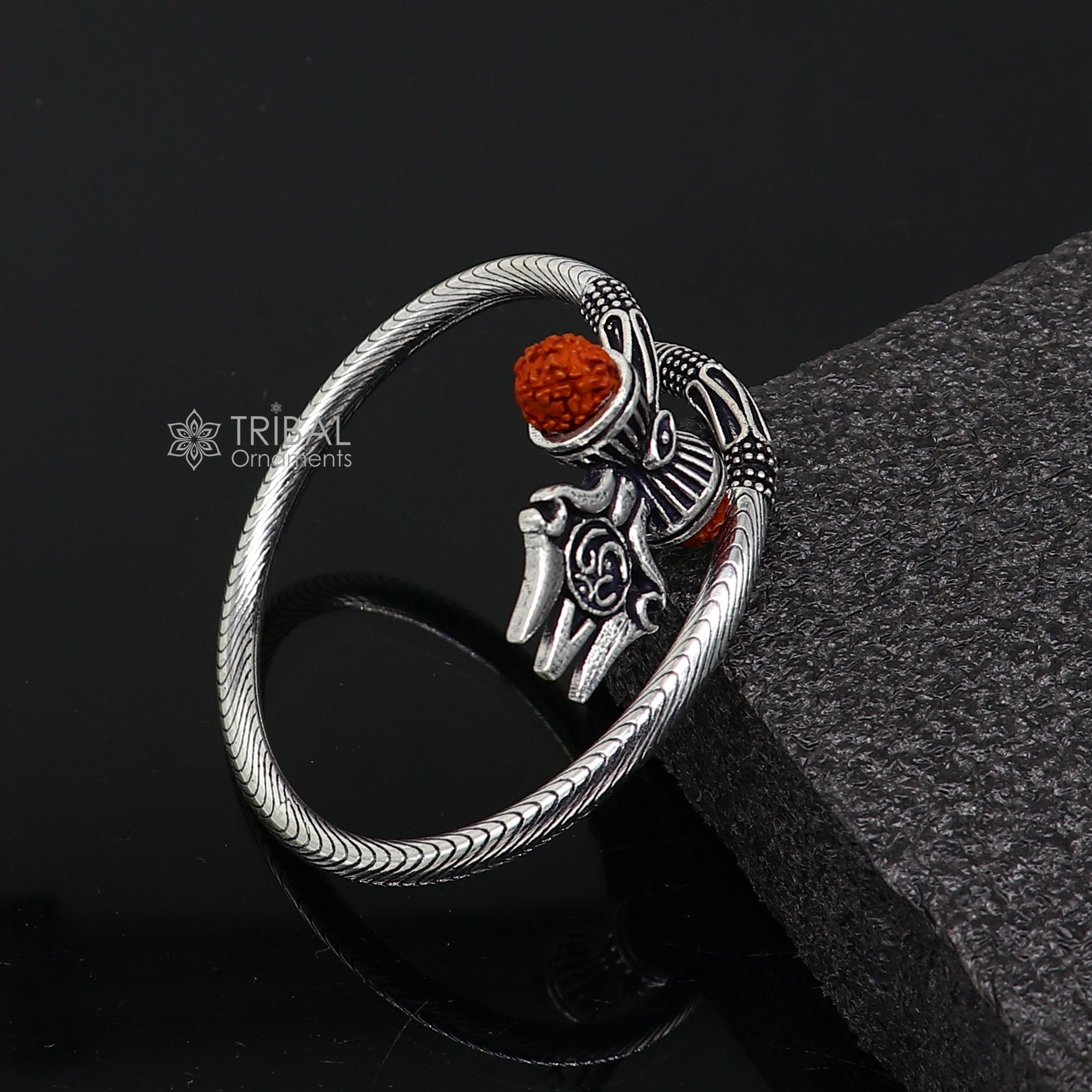 Divine Lord Shiva trident trishul trishool kada 925 Sterling silver handmade bangle bracelet with natural Rudraksha magical  kada nsk740 - TRIBAL ORNAMENTS
