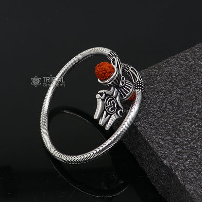 Divine Lord Shiva trident trishul trishool kada 925 Sterling silver handmade bangle bracelet with natural Rudraksha magical  kada nsk740 - TRIBAL ORNAMENTS