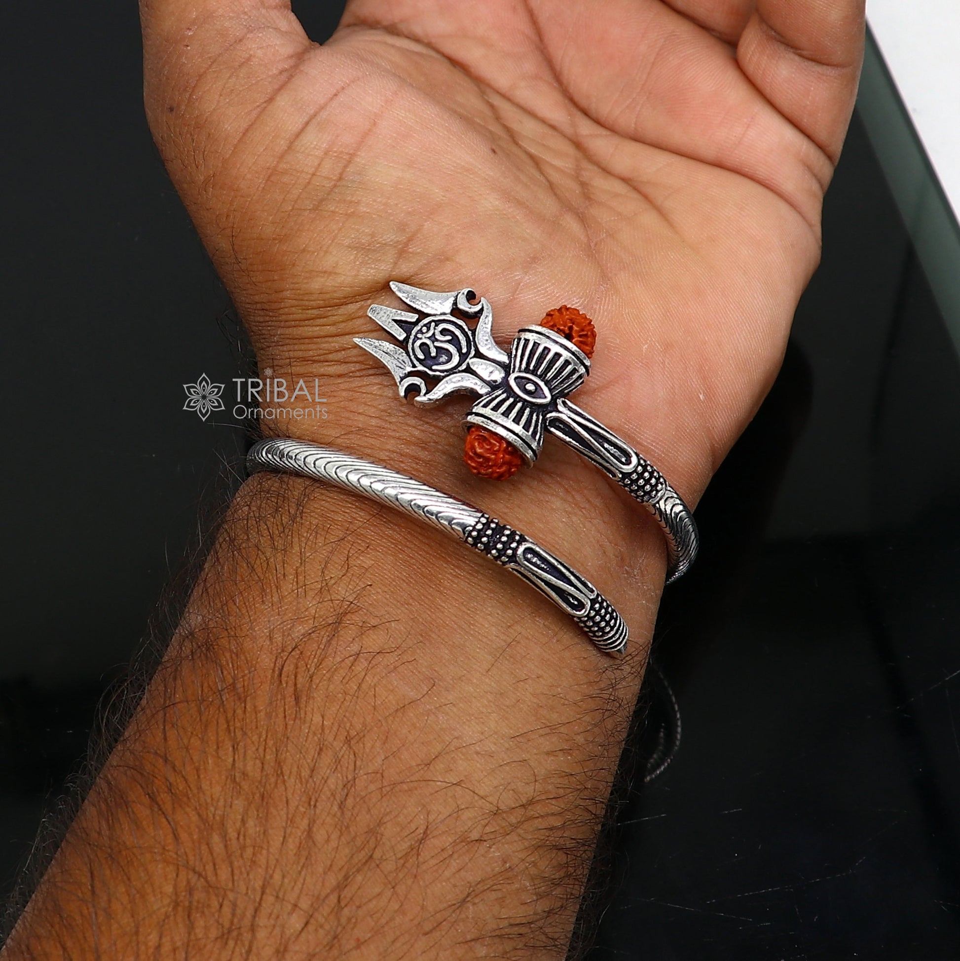 Divine Lord Shiva trident trishul trishool kada 925 Sterling silver handmade bangle bracelet with natural Rudraksha magical  kada nsk740 - TRIBAL ORNAMENTS