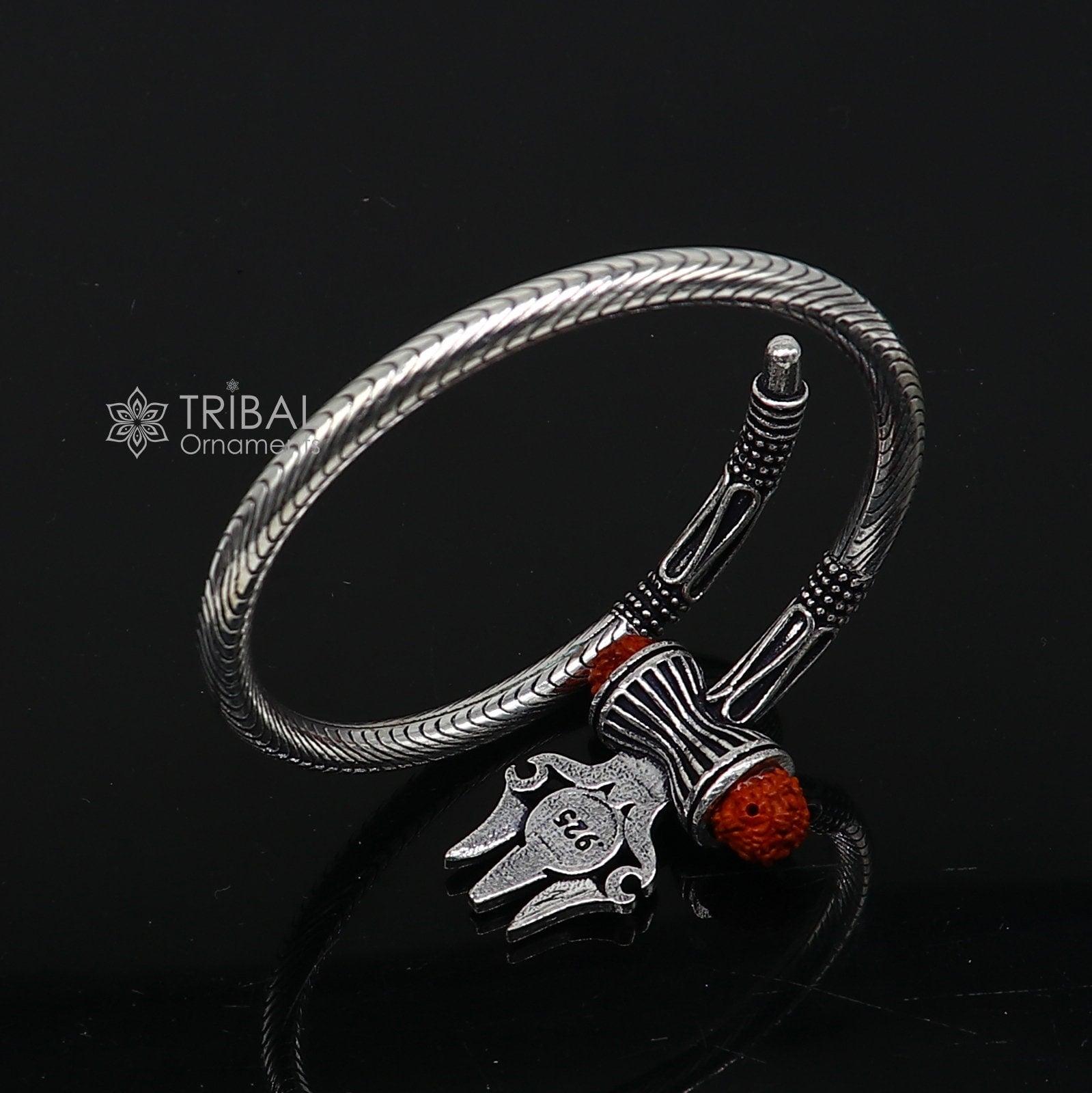 Divine Lord Shiva trident trishul trishool kada 925 Sterling silver handmade bangle bracelet with natural Rudraksha magical  kada nsk740 - TRIBAL ORNAMENTS