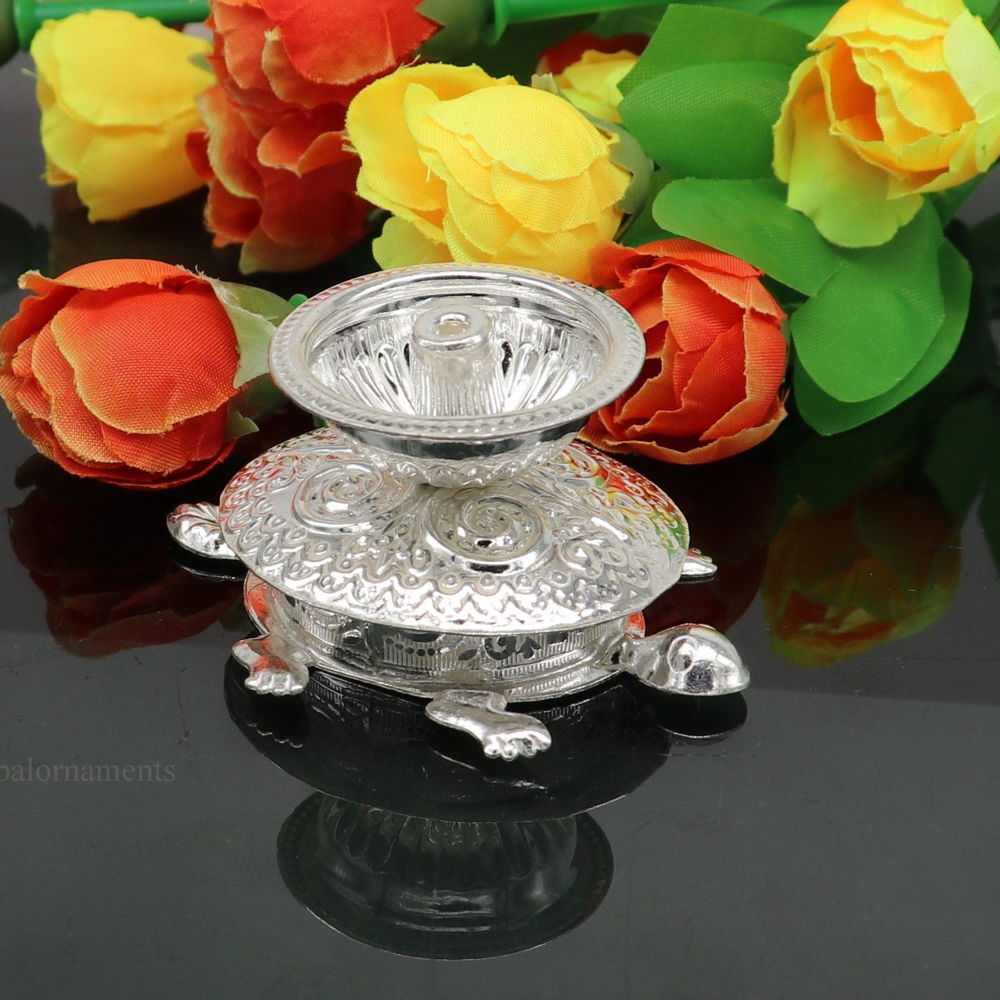 Diwali puja special solid silver handmade tortoise design oil lamp, silver deepak diya, silver temple utensils ,silver puja articles su414 - TRIBAL ORNAMENTS