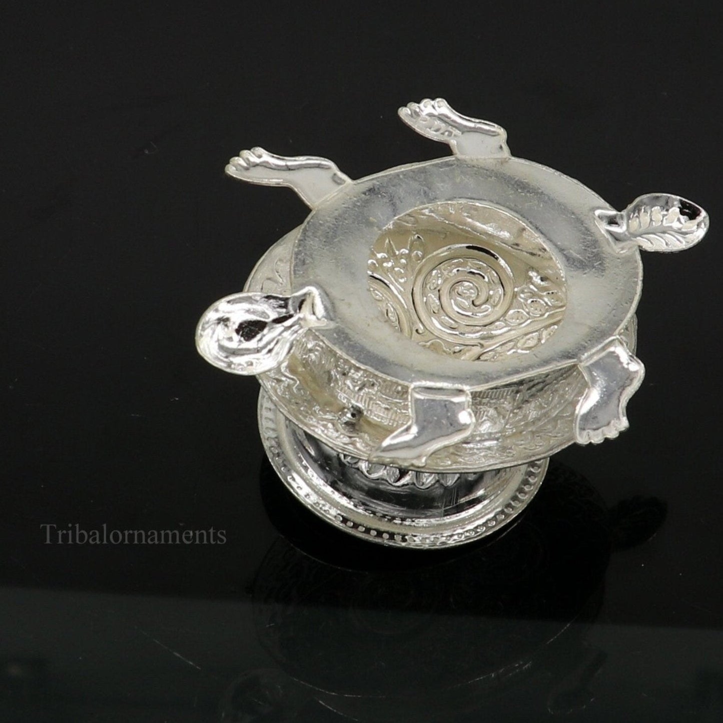 Diwali puja special solid silver handmade tortoise design oil lamp, silver deepak diya, silver temple utensils ,silver puja articles su414 - TRIBAL ORNAMENTS