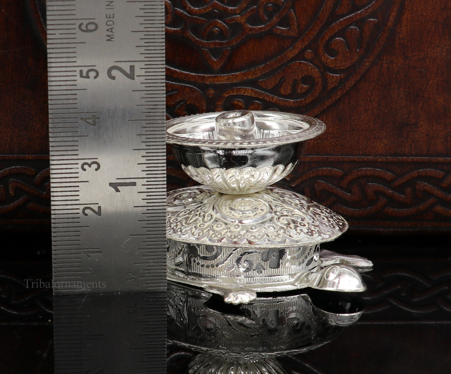 Diwali puja special solid silver handmade tortoise design oil lamp, silver deepak diya, silver temple utensils ,silver puja articles su414 - TRIBAL ORNAMENTS