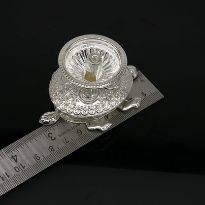 Diwali puja special solid silver handmade tortoise design oil lamp, silver deepak diya, silver temple utensils ,silver puja articles su414 - TRIBAL ORNAMENTS