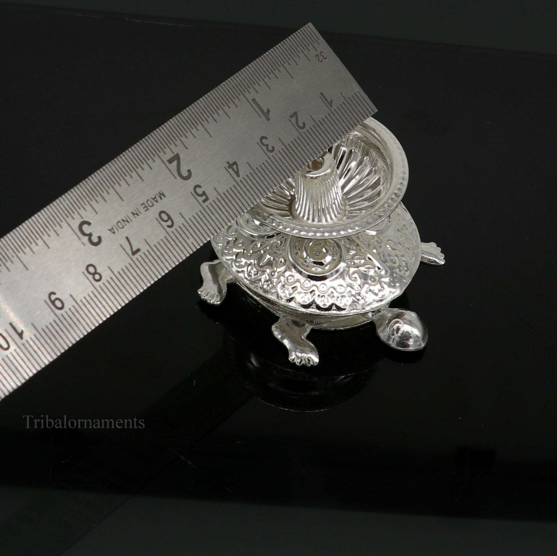 Diwali puja special solid silver handmade tortoise design oil lamp, silver deepak diya, silver temple utensils ,silver puja articles su414 - TRIBAL ORNAMENTS