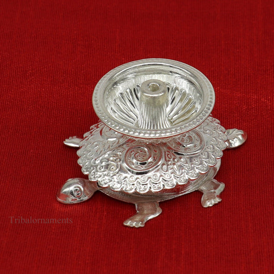 Diwali puja special solid silver handmade tortoise design oil lamp, silver deepak diya, silver temple utensils ,silver puja articles su415 - TRIBAL ORNAMENTS